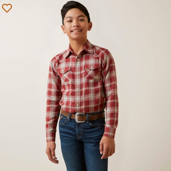 Ariat Other - Ariat Boys Holton Retro Plaid Western Shirt Rosewood XL 18 Cowboy Rodeo Country